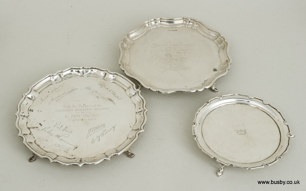 An Edward VII hallmarked silver salver Chester 1908,: An Edward VII hallmarked silver salver Chester 1908, with pie crust edge and later inscriptions, by H E & F E Barker; a George V octagonal hallmarked silver salver, Sheffield 1918, with pie crust edge