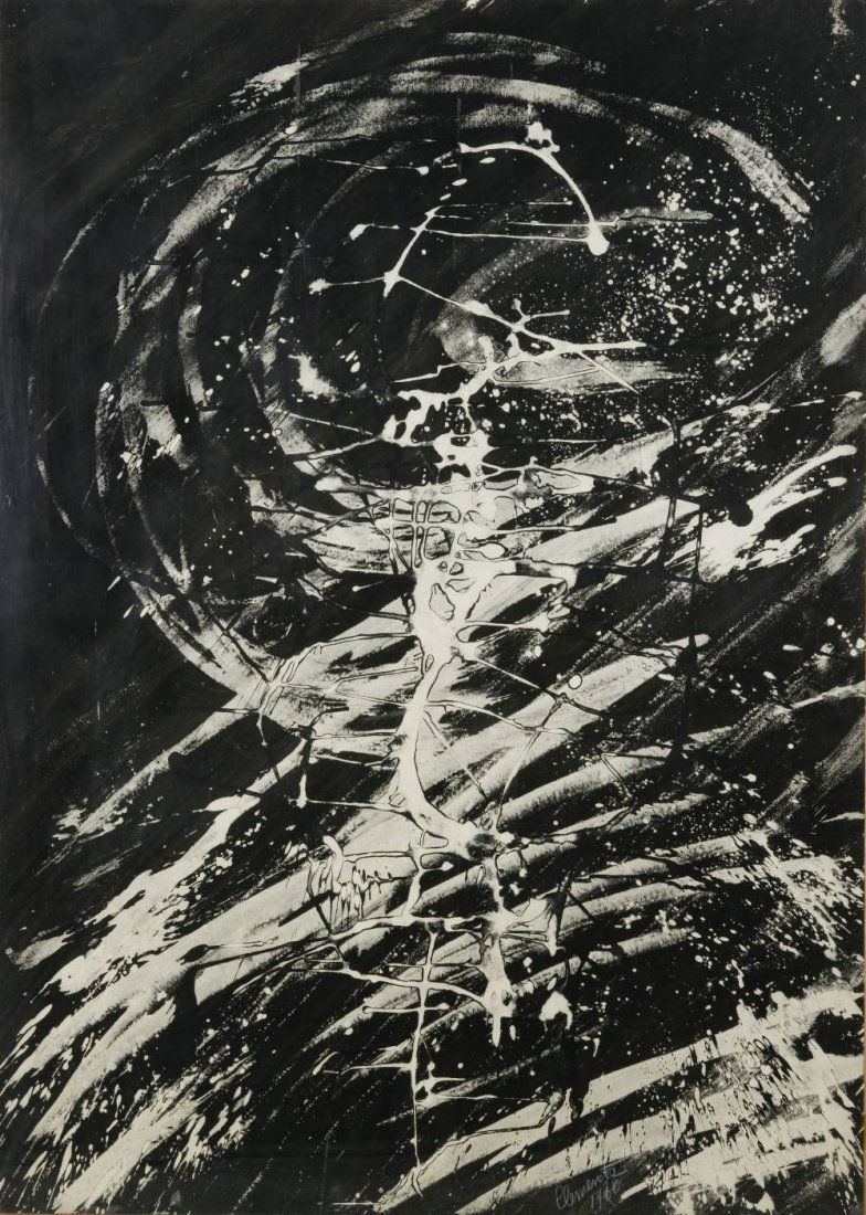 Jack Clemente. (1926-1974). Movement. Black and white: Jack Clemente. (1926-1974). Movement. Black and white wash drawing on paper, 41in (104.2cm) x 29½in (75.9cm). Signed and dated "1960." Framed and glazed. * Molton Gallery (South Molton Street, London