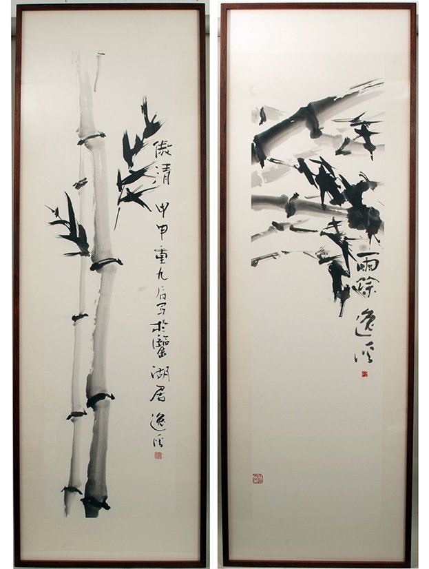 Chua Ek Kay (CÃ i Yi Xi), ( Singaporean 1947 - 2008 ),: Chua Ek Kay (CÃ i Yi Xi), ( Singaporean 1947 - 2008 ), 'Bamboo', 'Ao Qing', a pair of paintings, ink on rice paper, 180cm x 50cm, signed and dated 9th September 2004, Zhejiang Province. Sold with ce
