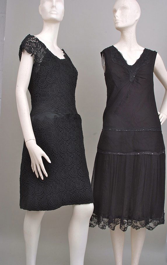 1950's Black floral cotton lace cocktail dress, lined: 1950's Black floral cotton lace cocktail dress, lined in black satin with a shaped inner bodice, metal zip up the back. Sze 12. Black cotton and chiffon dropped waist cocktail dress with sequins size
