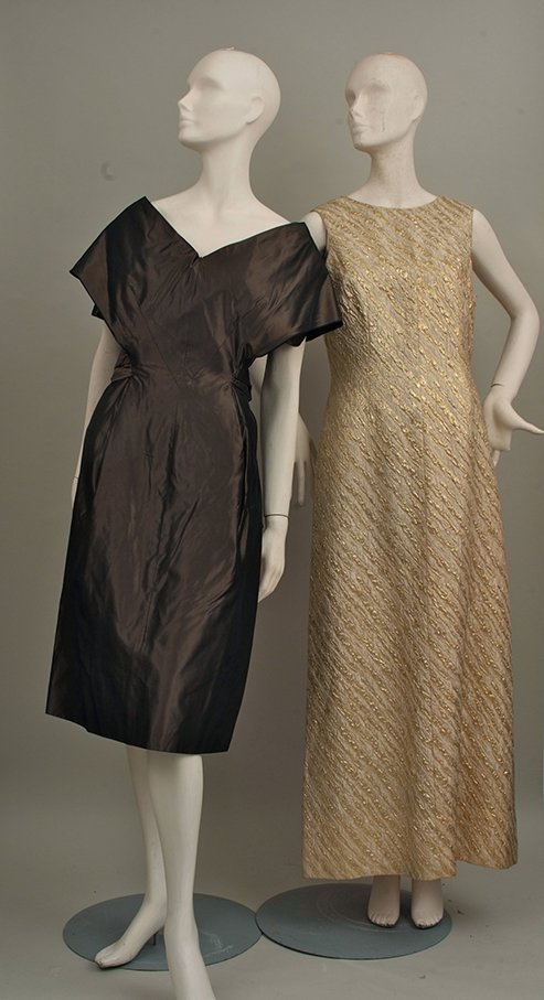 1960's Bronze Rayon Cocktail Dress. Stunning off the: 1960's Bronze Rayon Cocktail Dress. Stunning off the shoulder V front coming down to a pencil lined skirt, the back has a cape effect with a sash and slight back pleat. Size 10/12. 1960's Gold long dr
