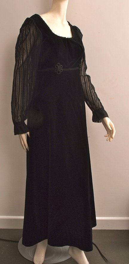 3 Evening Dresses. 60's Susan Small Heavy black velvet: 3 Evening Dresses. 60's Susan Small Heavy black velvet dress Size 12. A Black lace gypsy style evening dress. A slinky silky with soft velvet spots and gold ribbon empire line dress. 3 pieces.