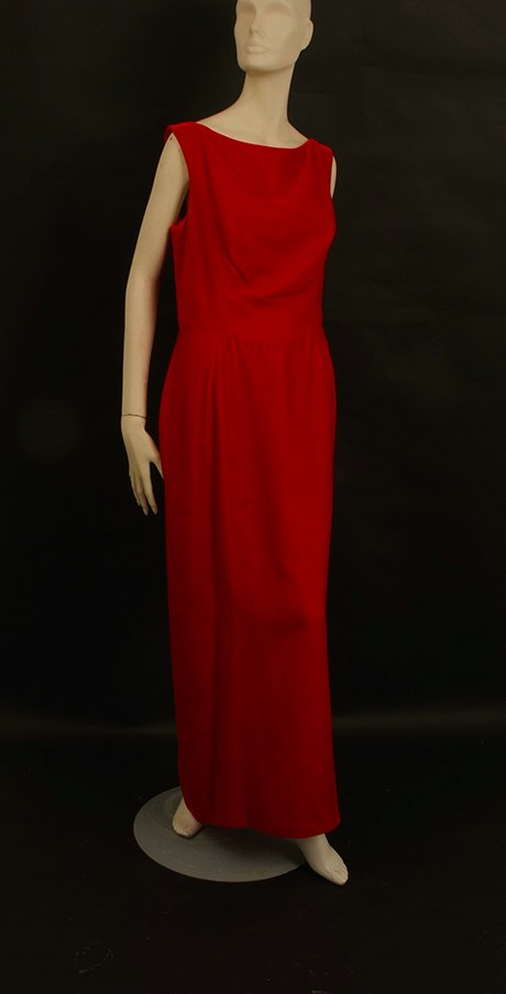 A Jasper Conran Scarlet Red Silk velvet long evening: A Jasper Conran Scarlet Red Silk velvet long evening dress, (Small tear on seam). Richard Shops nylon Black maxi dress. Top Shop Cotton dress. Polyester maxi dress. 4 pieces.