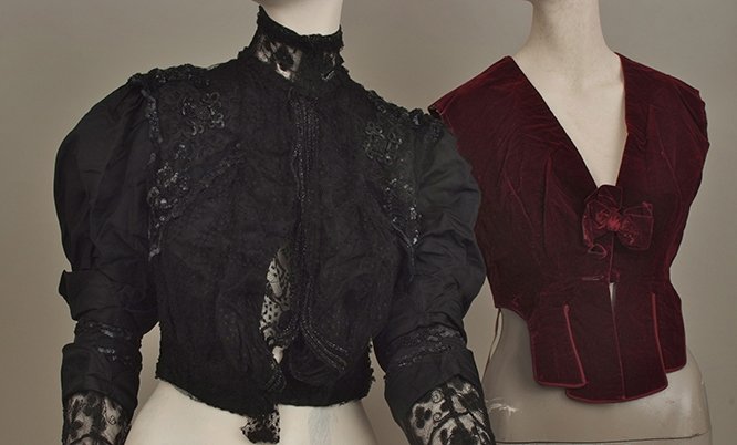 A quantity of Victorian/Edwardian bodices. To include: A quantity of Victorian/Edwardian bodices. To include an Edwardian bodice, black, trimmed with lace and sequins, puffed satin sleeves. A Gold satin bodice, worn by H.J.A Dammers at Queen Victoria's Di