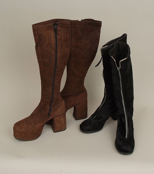 Box Mixed Vintage 60/70's Boots & Shoes. Including a: Box Mixed Vintage 60/70's Boots & Shoes. Including a pair of 1970's Size 7 Stacked Brown Leather Platform, lace-up shoes. A pair of 70's suede Platform Stacked Boots Sze 6. A pair of 60's Seal Skin bo