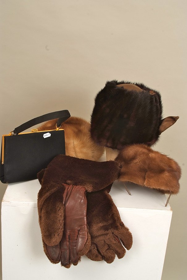 Three Mink fur hats. A pair of 1930's fur driving: Three Mink fur hats. A pair of 1930's fur driving gloves. A black vintage grosgrain handbag. A black felt hat Two pairs suede and leather gloves