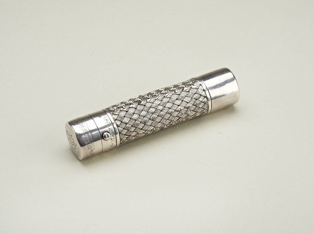 A late Victorian double-ended scent bottle, by Thomas: A late Victorian double-ended scent bottle, by Thomas Johnson 1881 London, the body with basket weave engraving, the top of the hinged lid and the bottom of the screw cap base monogrammed, the lid eng