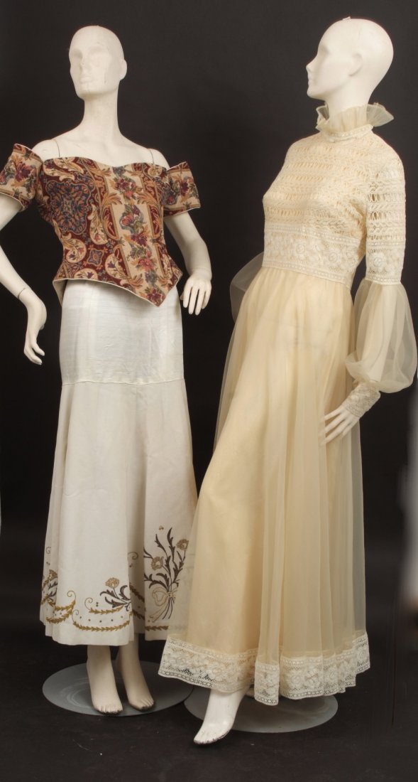 An Early 1960's 'Jean Varon' Cream chiffon dress with: An Early 1960's 'Jean Varon' Cream chiffon dress with lace bodice and cuffs and trim around the hem, metal zip at back, (tiny holes in chiffon on sleeves, barely noticeable), size 10. A 1950's Grosgra
