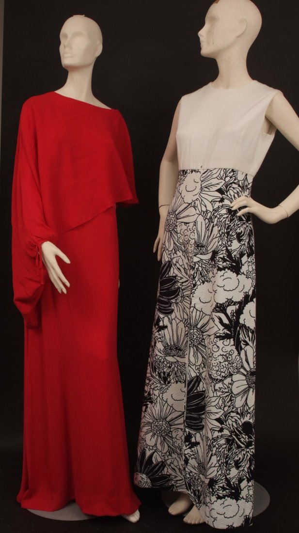 A 1960's 'Hardy Amies' red silk long evening dress: A 1960's 'Hardy Amies' red silk long evening dress with bolero shawl, Size 12. A 1960's 'John Cavanagh' black and white long evening gown with a slit at the front for easy dancing, Size 10/12. (2)