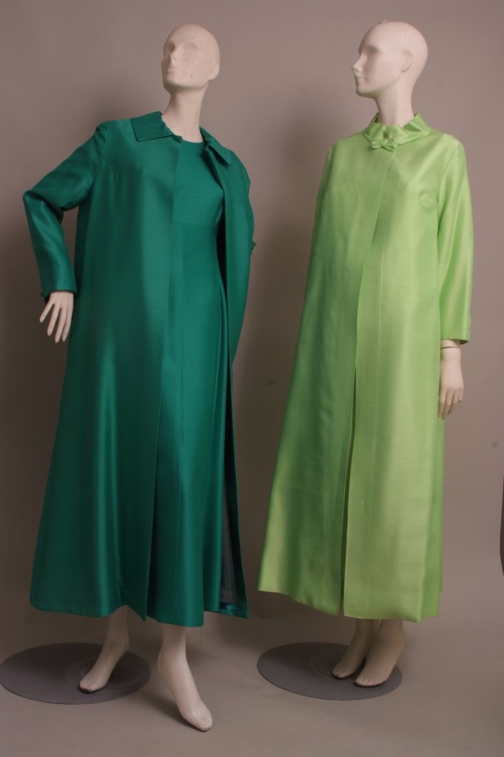 Two 1960's Silk Dress and Coat Suits. A 'Susan Small': Two 1960's Silk Dress and Coat Suits. A 'Susan Small' emerald green dress with a sequined motif on the sleeves, adding a splash of pink to the most sensational emerald green. The duster coat is plain,