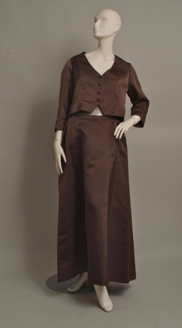 1970's 'Pierre Balmain' haute-couture skirt & jacket: 1970's 'Pierre Balmain' haute-couture skirt & jacket suit. Client number under label 143, 391. Chocolate brown satin cropped top with scooped neck and pretty satin buttons. A-line skirt, with back zip