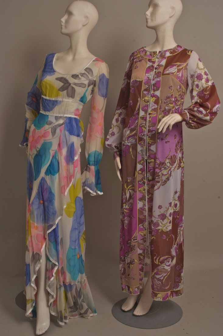 1960's Emilio Pucci Housecoat. Made from a fine and: 1960's Emilio Pucci Housecoat. Made from a fine and soft silky fabric, with classic Pucci pattern, fabric buttons to the floor, long sleeves with two buttons on the cuff. Size 10/12. A dreamy 1960's '