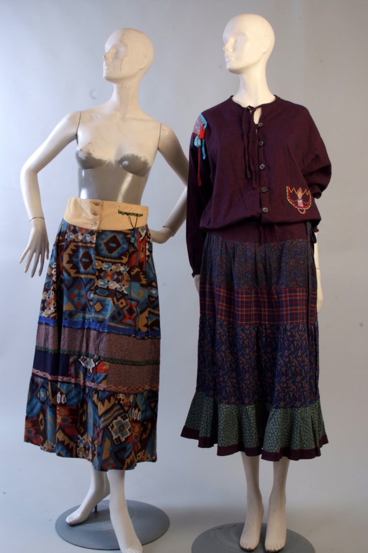 A 1970's 'Jeff Banks' Skirt and Top. Brushed cotton: A 1970's 'Jeff Banks' Skirt and Top. Brushed cotton boho style, with a pretty layered floral print skirt with colourful button detail at the side. A contrasting plaid top with mexican style badge on s