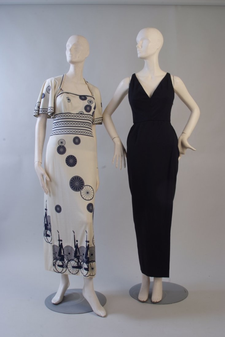 Two Italian Designer Dresses. A 1970's 'Paganne' Blue: Two Italian Designer Dresses. A 1970's 'Paganne' Blue and cream printed dress, a print set around a bicycle theme depicting wheels,cogs, chains and people having fun. The dress is made from polyester,
