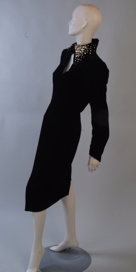 1990's 'Thierry Mugler ''Elvis'' dress. Beautiful: 1990's 'Thierry Mugler ''Elvis'' dress. Beautiful velvet fabric and sparkly crystals around the neck, upturned collar. Shoulders padded. Collar has vire inside that is giving support and beautiful sha