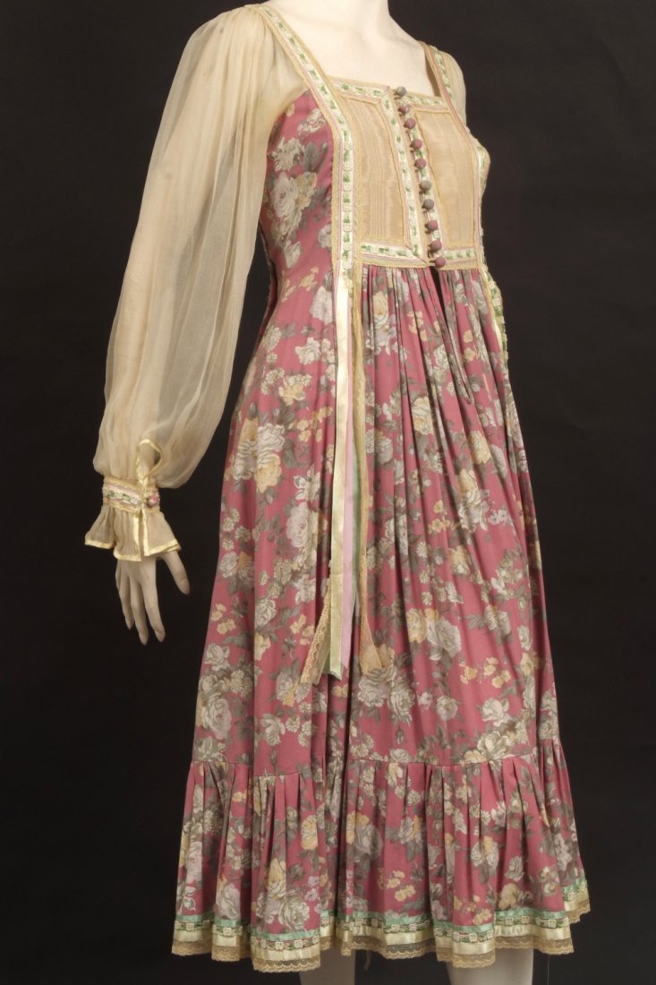 Two 1975 Couture 'Rumak' formal day dress. Part of a: Two 1975 Couture 'Rumak' formal day dress. Part of a debutant's collection, this beautiful heavy luxurious cotton dress has been carefully tailored to form a stiffened front bodice which has buttons a