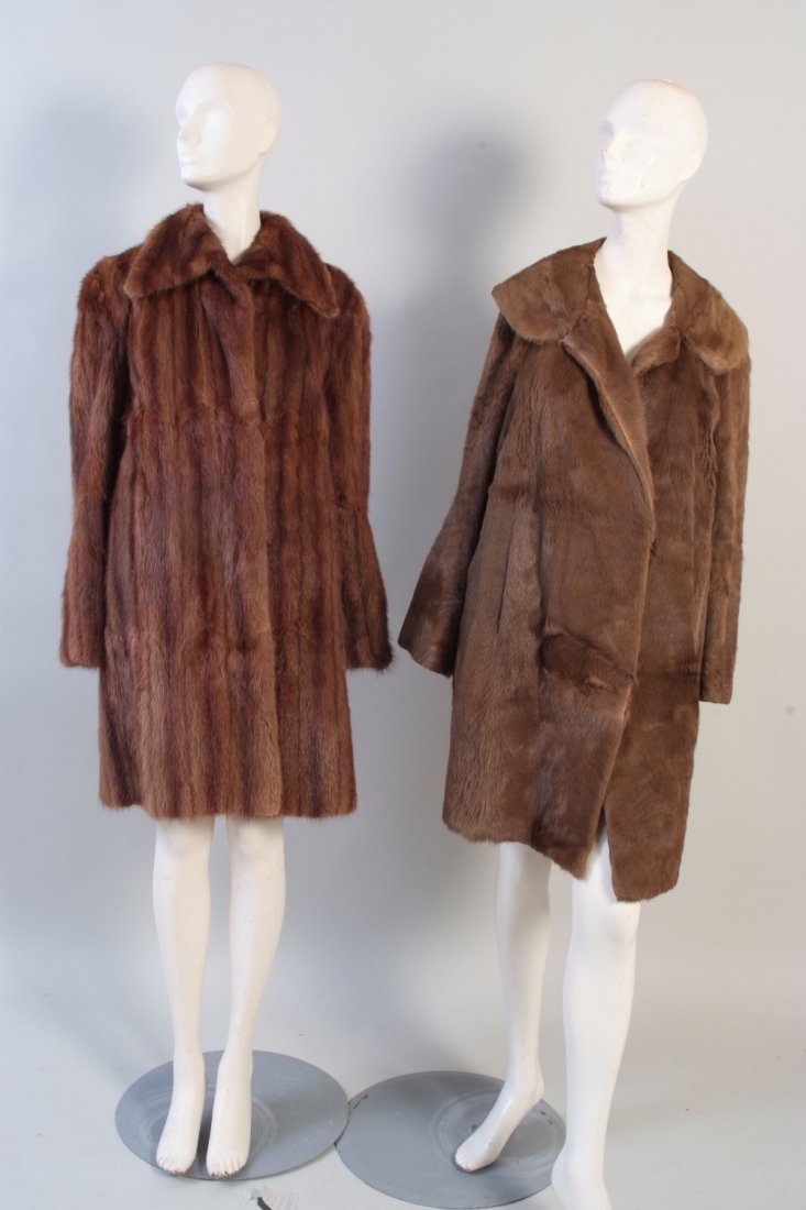 Quantity of furs: A large dark brown Beaver Lamb coat,: Quantity of furs: A large dark brown Beaver Lamb coat, Dark brown Goat fur coat. Light Brown Pony fur coat and light brown musquash fur coat. (4)