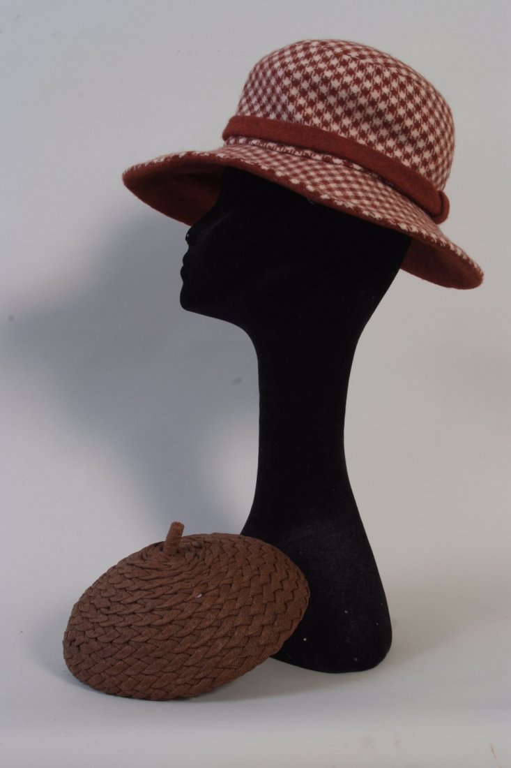 A Tweed 'Christian Dior' Hat. And a further brown pill: A Tweed 'Christian Dior' Hat. And a further brown pill box woven hat, possible Christian Dior, label in box but fallen off! (2)