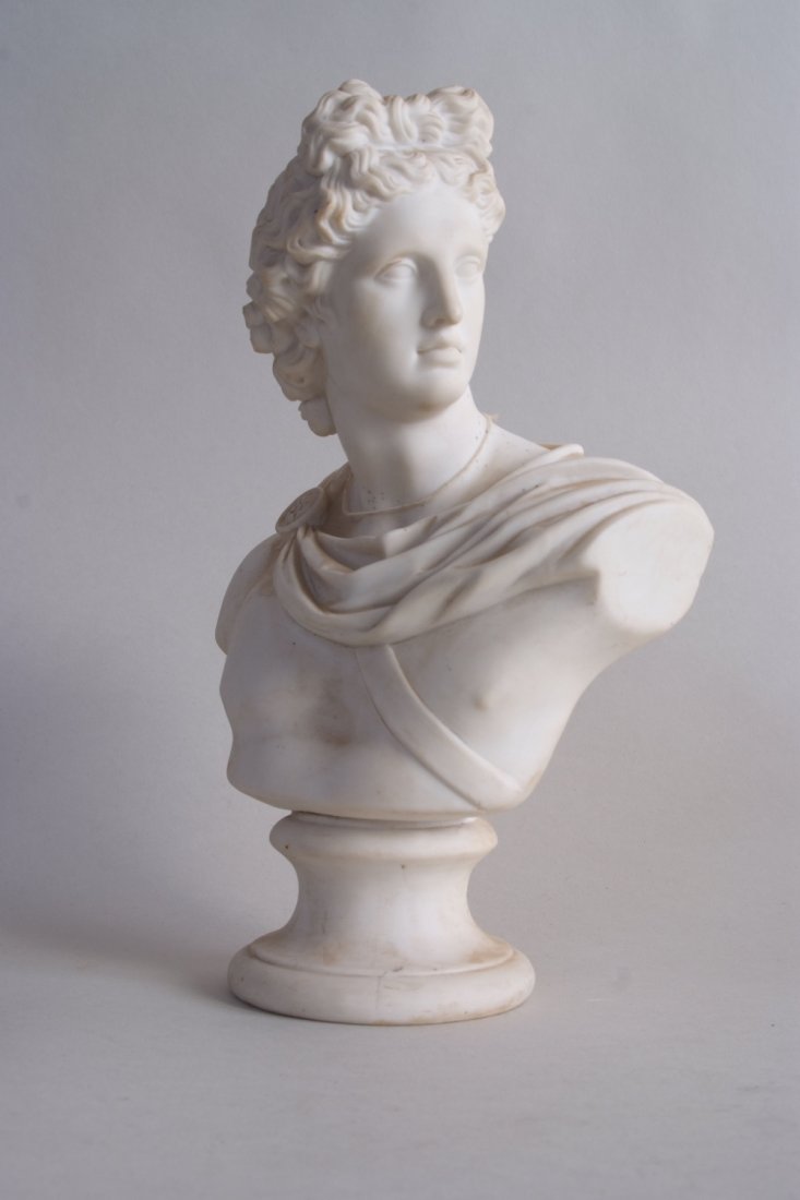 A Victorian parian porcelain bust of Apollo Belvedere,: A Victorian parian porcelain bust of Apollo Belvedere, 30cmH