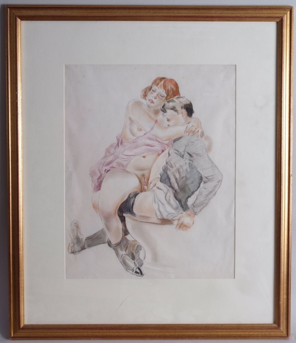 German School, circa 1920's, Erotic Scene of a young: German School, circa 1920's, Erotic Scene of a young girl and boy, pastel and watercolour on textured paper, framed, mounted and glazed, unsigned, 50 x 40cm