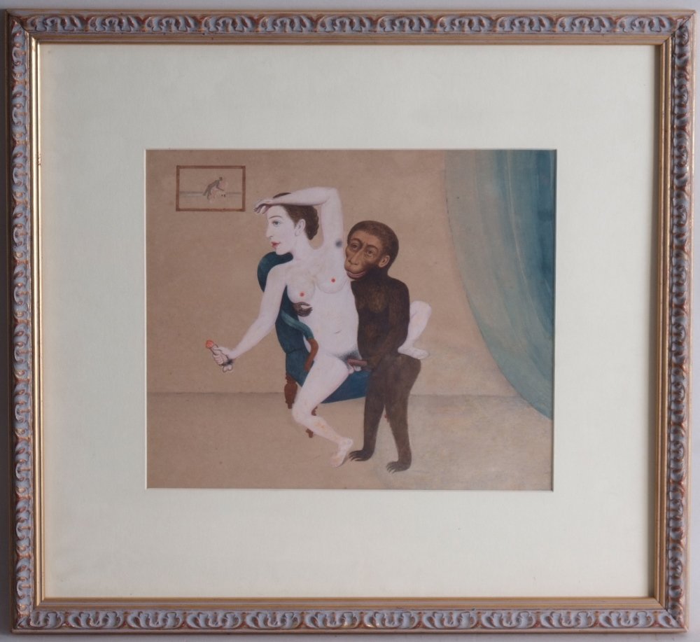 Continental School, Erotic scene with a monkey, early: Continental School, Erotic scene with a monkey, early 20th century, water and bodycolour on paper, framed, mounted and glazed, 29 x 25cm