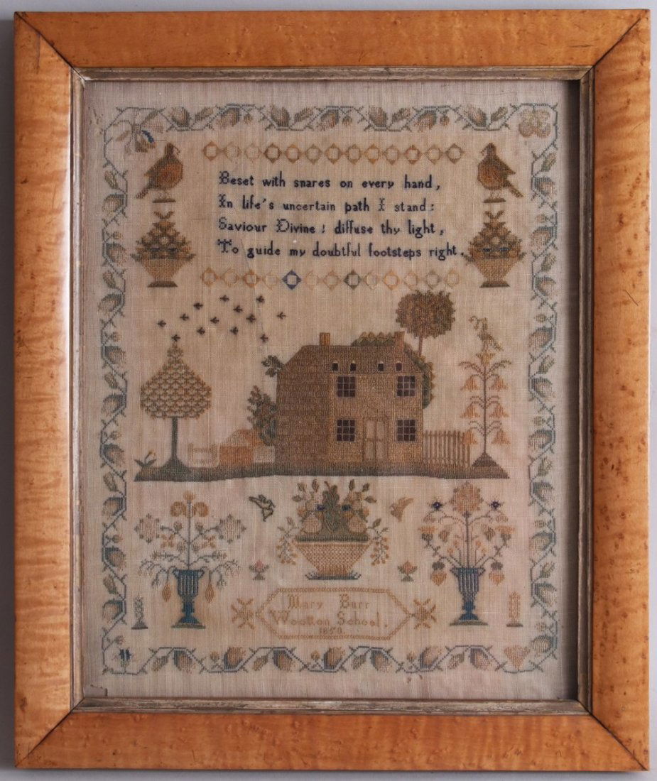 Early Victorian School Sampler, worked by Mary Burr of: Early Victorian School Sampler, worked by Mary Burr of Wootton School, dated 1850, embroidered flora and fauna and a model of the school, framed and glazed, 42 x 32cm