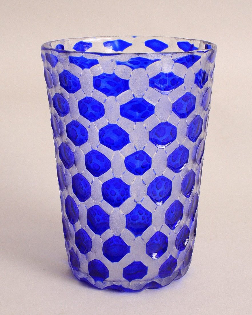 Attributed to Thomas Webb, blue and clear glass vase of: Attributed to Thomas Webb, blue and clear glass vase of geometric honeycomb design 20cmH