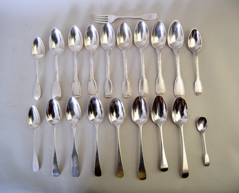 A mixed lot of Georgian and 19th century French silver: A mixed lot of Georgian and 19th century French silver spoons, including London 1777, together with a late 19th century American table spoon, by Samuel Davis and Robert Brown, Boston, 41.9oz