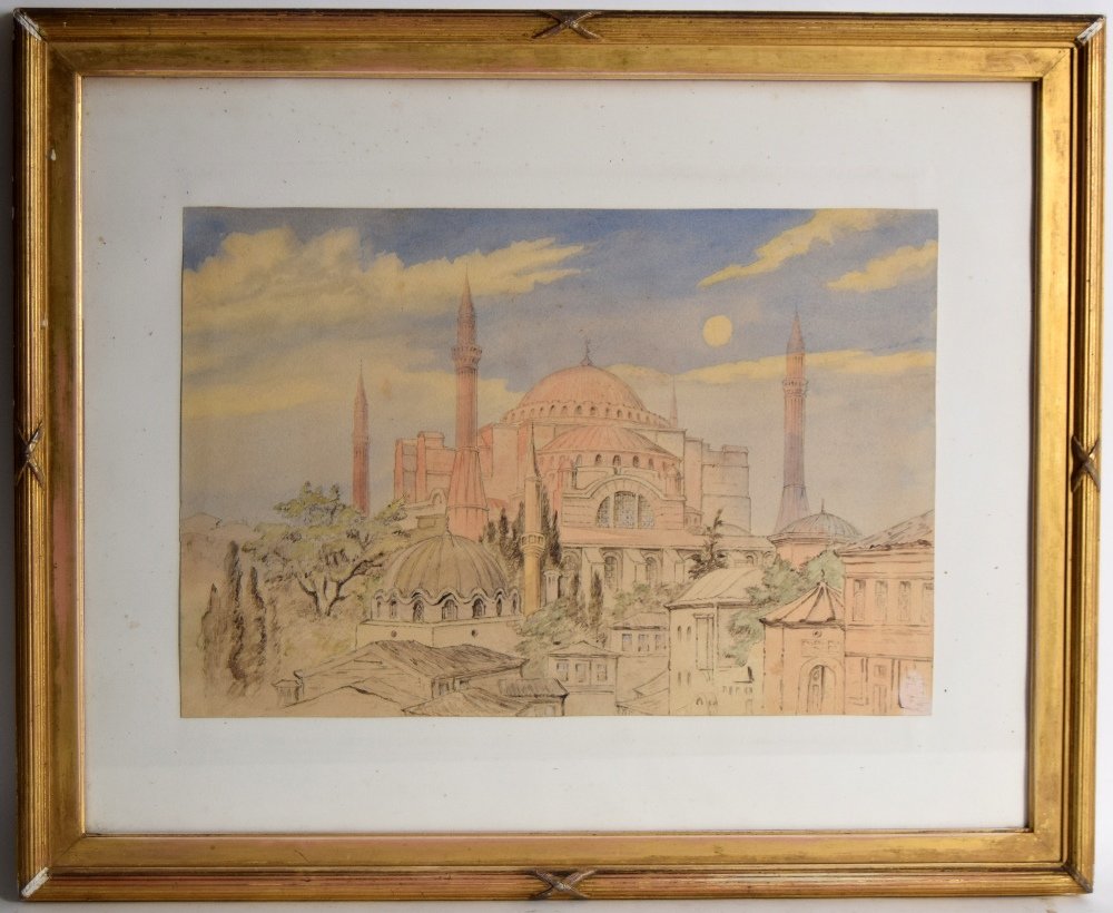 After Edward Lear (1812-1888) Landscape with Hagia: After Edward Lear (1812-1888) Landscape with Hagia Sophia mosque, Constantinople, watercolour on paper, framed, 43 x 29cm