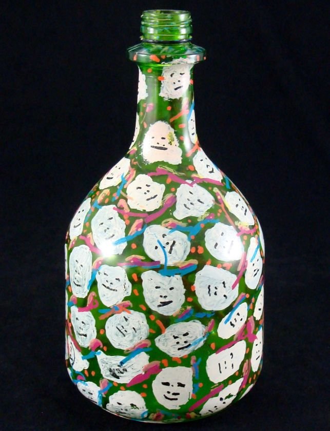 Howard Finster Outsider Art Jug: Hand Painted glass jug signed by Howard Finster, Georgia Folk Artist (1916-2001). Jug is approx. 12.5" h.