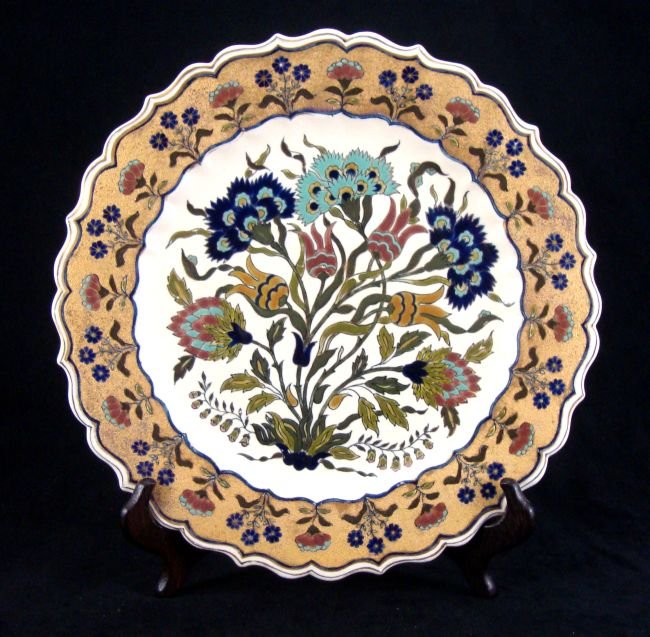 Zsolnay "Persian Style" Dish Gold Rim: Unique design with beautiful flowers and encrusted gold rim; approx. 12" diameter.
