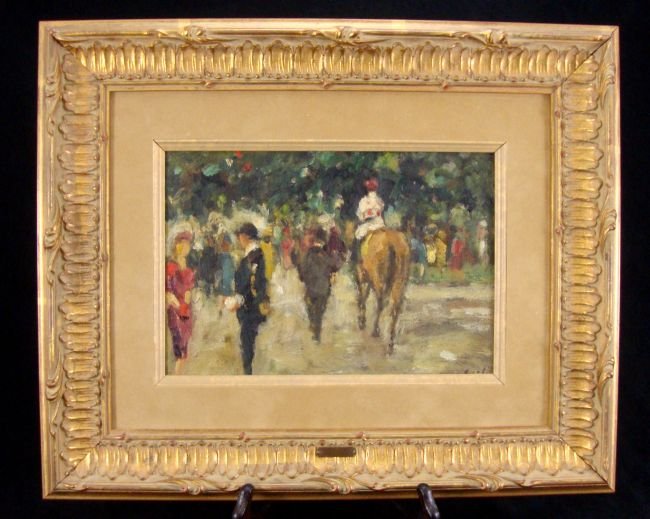 Gabriel Spat signed oil painting: Titled: Longchamps, Paris. Framedoil painting on board. Signed LR. Gabriel Spat (1890-1967). Approx. Size: Image: 6 x 9 inches; Framed Size: 13.5 x 16.5 inches