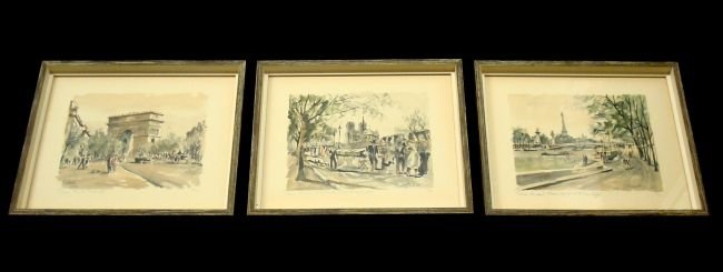Franz HERBELOT (b. 1900) Parisian Prints: SET of three companion Herbelot prints are mid-century icons. Some toning of the paper, slight wear on the frames. Small edition prints., Tour Efifel 2/25; Ar de Triomphe, 22/56 and Le Quai, 19/66. Ea