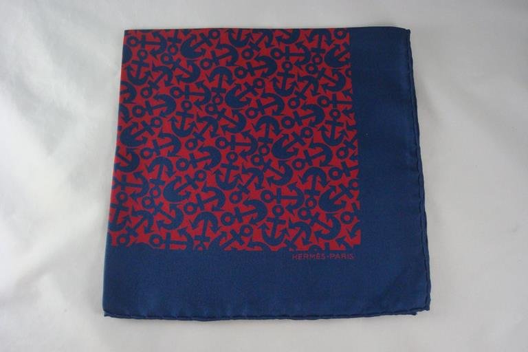 HERMES 100% SILK SCARF: HERMES, PURCHASED IN FRANCE. HAND ROLLED HEMS AND PURE SILK. MEASURES ABOUT 16 1/2 INCHES SQUARE. THESE SCARVES ARE CALLED POCHETTE OR 'POCKET SCARVES'. HERMES IS SHOWING THESE SCARVES TIED TO THEIR H