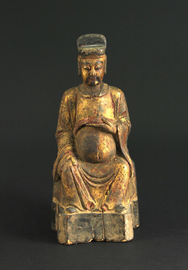 Wood Carving Gold Lacquer Wenchang Statue Ming Dynasty: 明代木雕朱漆泥金文昌星君造像 Height:23.5cm