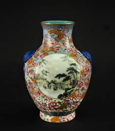 Famille Rose Flowers and Landscape Vase Republican