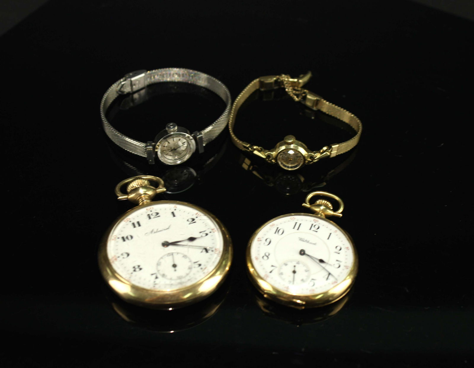 Four Pieces of Pocket Watch and Watch: 怀表、手表四块 （1904年TACY WATCH ADMIRAL、14K金WALTHAND、OMEGA Lady`s watch、GRUEN Lady`s Watch）