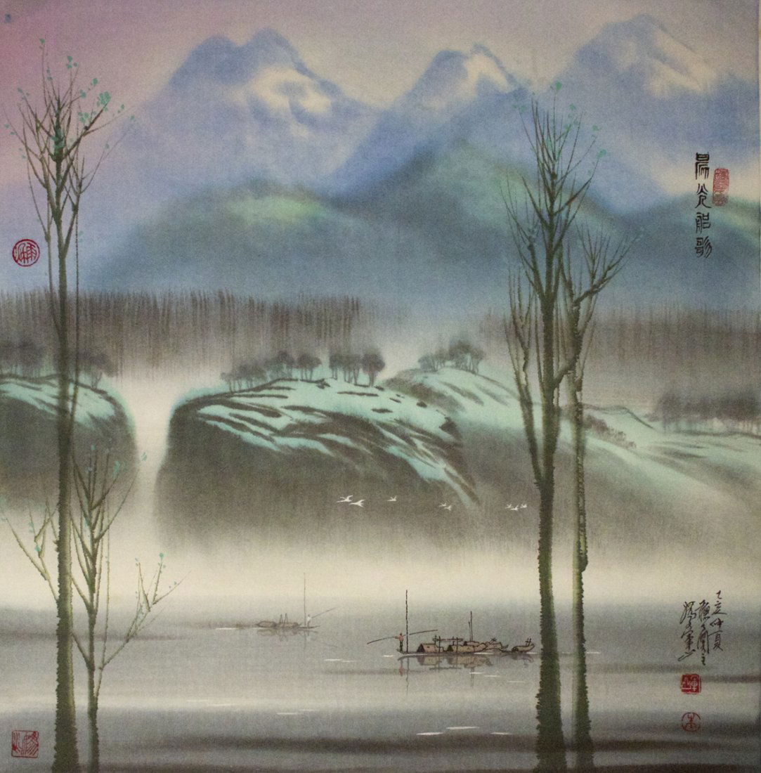 ZHU JUN SHAN (Landscape): 朱軍山作《晨光船歌》. 紙本設色.Size: 68.5x70cm