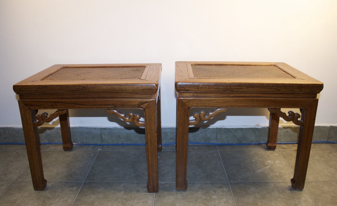 Two Elmwood Square Stool Weaved w Rattan in Surface: 清代榆木藤面櫈一對.Size:42x52cmx2