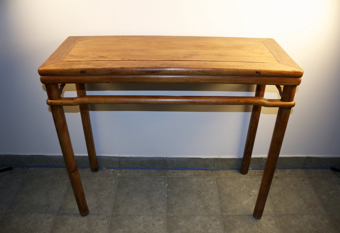 Cedarwood Ming Style Table and Hickory Leather Chair: 清代老柏木明式條案和核桃木西式雕皮椅. Table Size:41x87x101cm. Chair Size:40x46x94cm