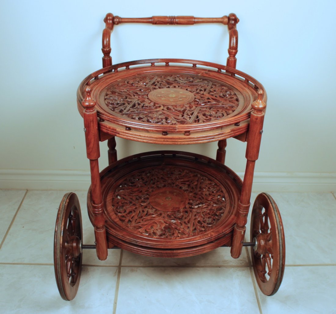 Rose wood Party Trolley: 花梨木镂雕双层小推车 Size: 60x66x76cm
