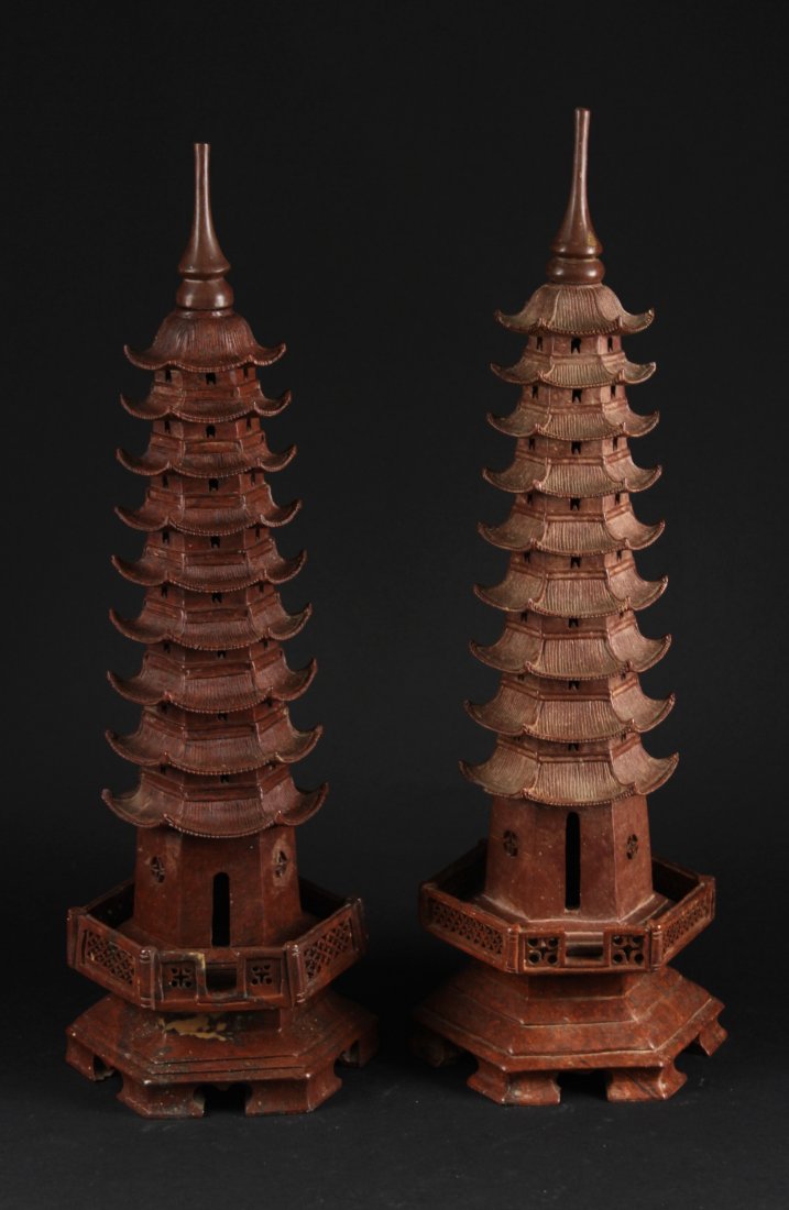Pair of Chinese Carved Soapstone Model of a Pagoda: 青田官红石观音塔一对 Height:45cm
