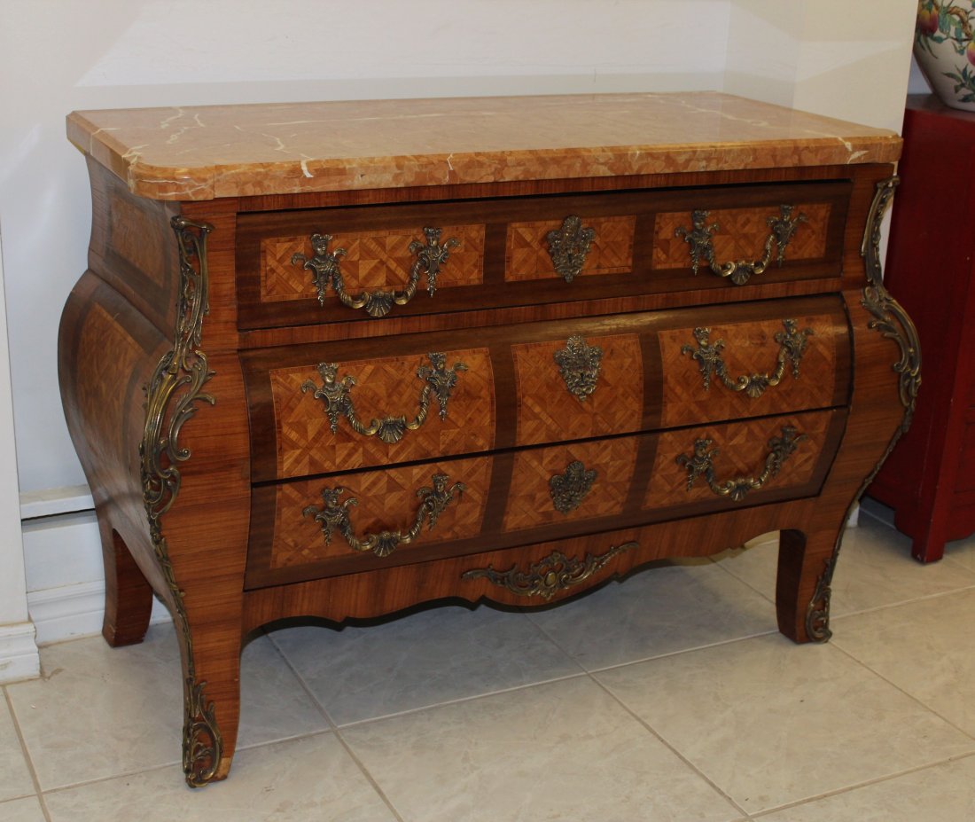 Louis XV Inlaid Rosewood Marble Top Ormolu Commode: 法国路易十五意大利云石面包铜三屉柜 Size:45x90x122cm