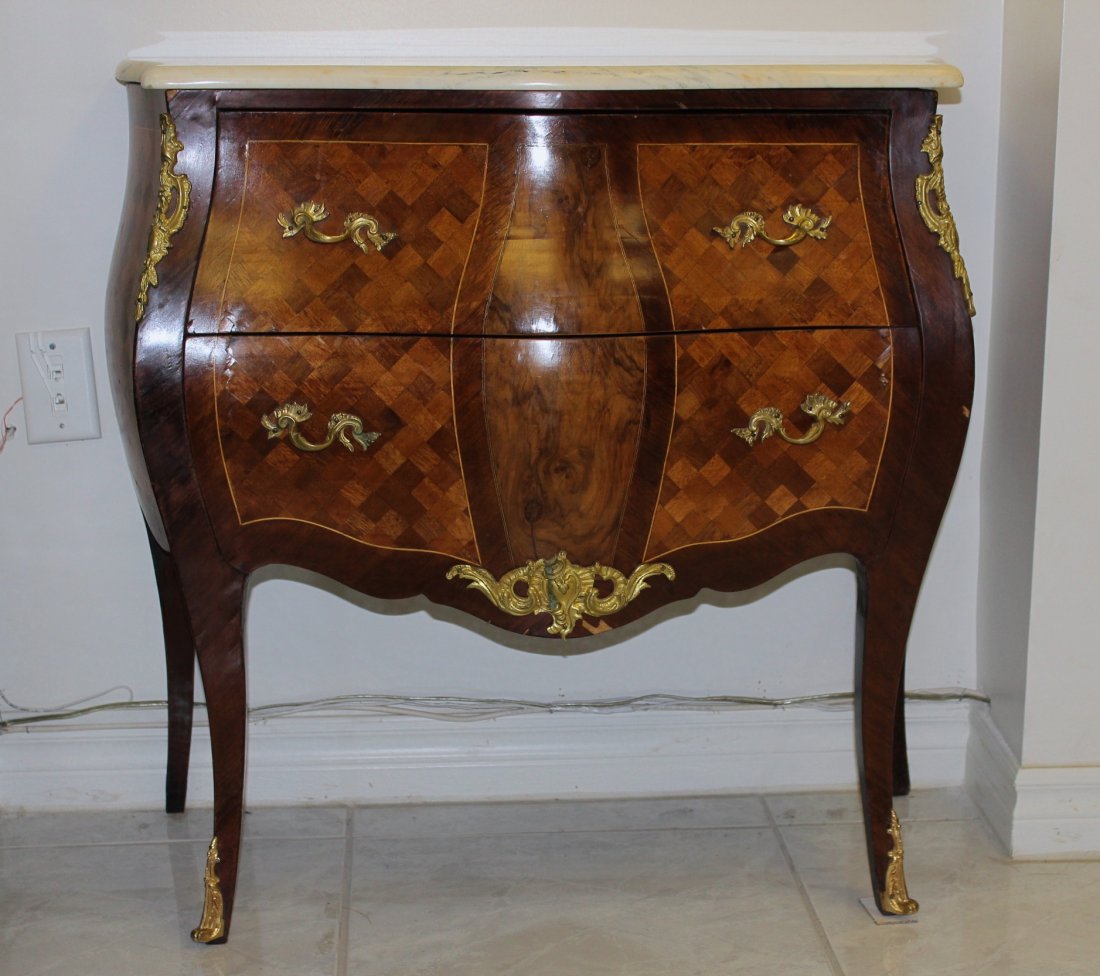 Louis XV Inlaid Rosewood Marble Top Ormolu Commode: 法国路易十五意大利云石面包铜三屉柜 Size:33x81x83cm