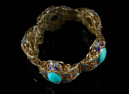 Gilt Silver Inlaid Turquoise Bracelet Qing Dynasty: 清代银鎏金蕾丝点蓝嵌绿松石手镯