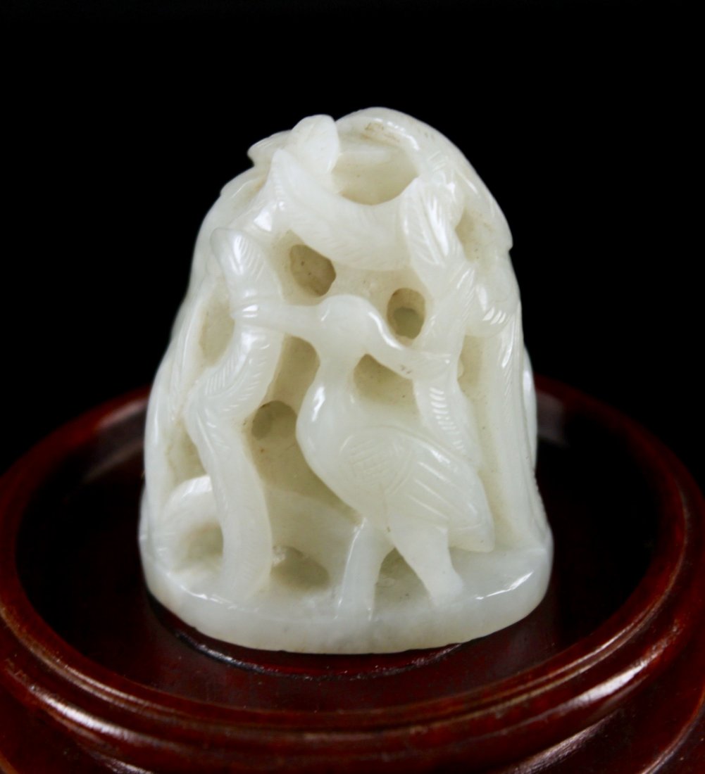 White Jade Hat Decoration Carved with Lotus & Cranes: Ming Dynasty明代白玉雕一品连科帽顶 Size:3x4x4.5cm