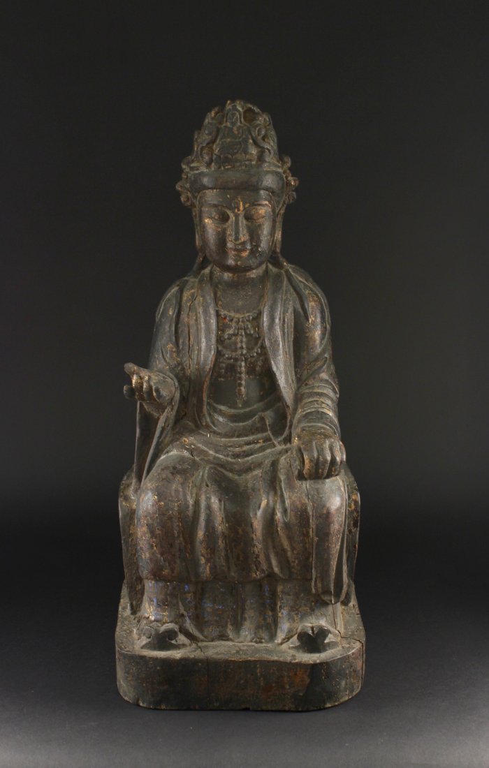 Woodcarving Gyanyin Statue Ming Dynasty: 明代木雕描金戴冠男像观音造像 Height：60cm