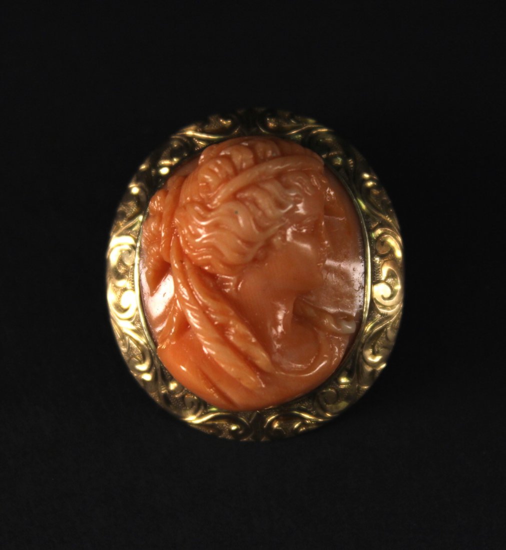 14K Gold Inlaid with a Carved Girl Head Red Coral (1 of 3)