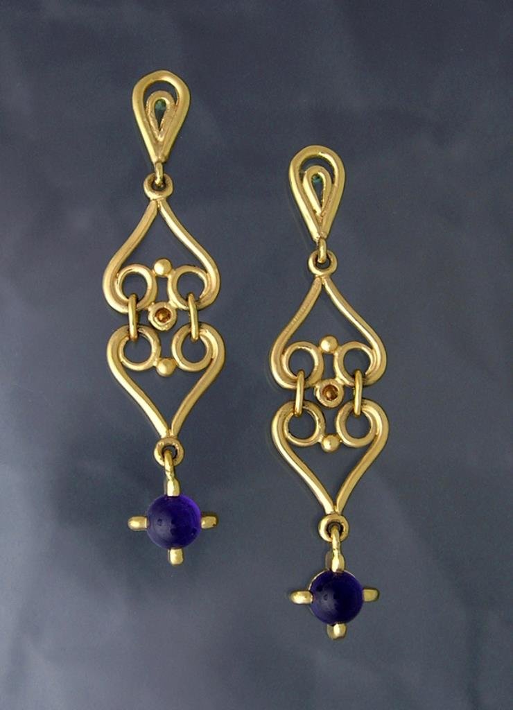 Custom Amethyst Double Heart Scroll Earrings, 14k Gold: 14k yellow gold double heart scroll earrings with amethyst cabochon dangles. 4.4 grams total weight. Custom design by renowned certified Master Jeweler Eric Olson.