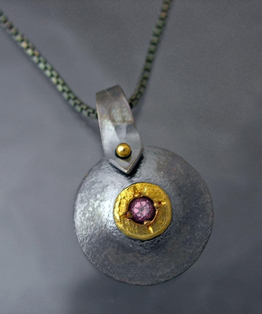 Custom 24k Gold / Blackened Silver Reversible Diamond: Blackened sterling silver and 24Kyellow gold 16mm (5/8") reversable pink tourmaline and .03ct round diamond pendant with box chain. Eric designed these to pendants to be versatile and affordable. The 
